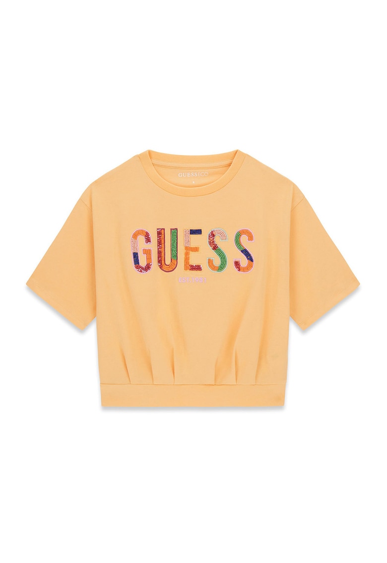 Tricou cu decolteu la baza gatului si imprimeu logo - Portocaliu mandarina