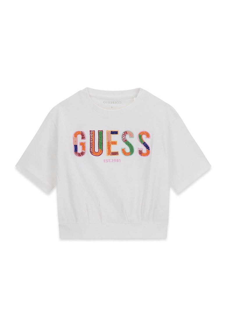 Tricou cu decolteu la baza gatului si imprimeu logo - Alb fildes