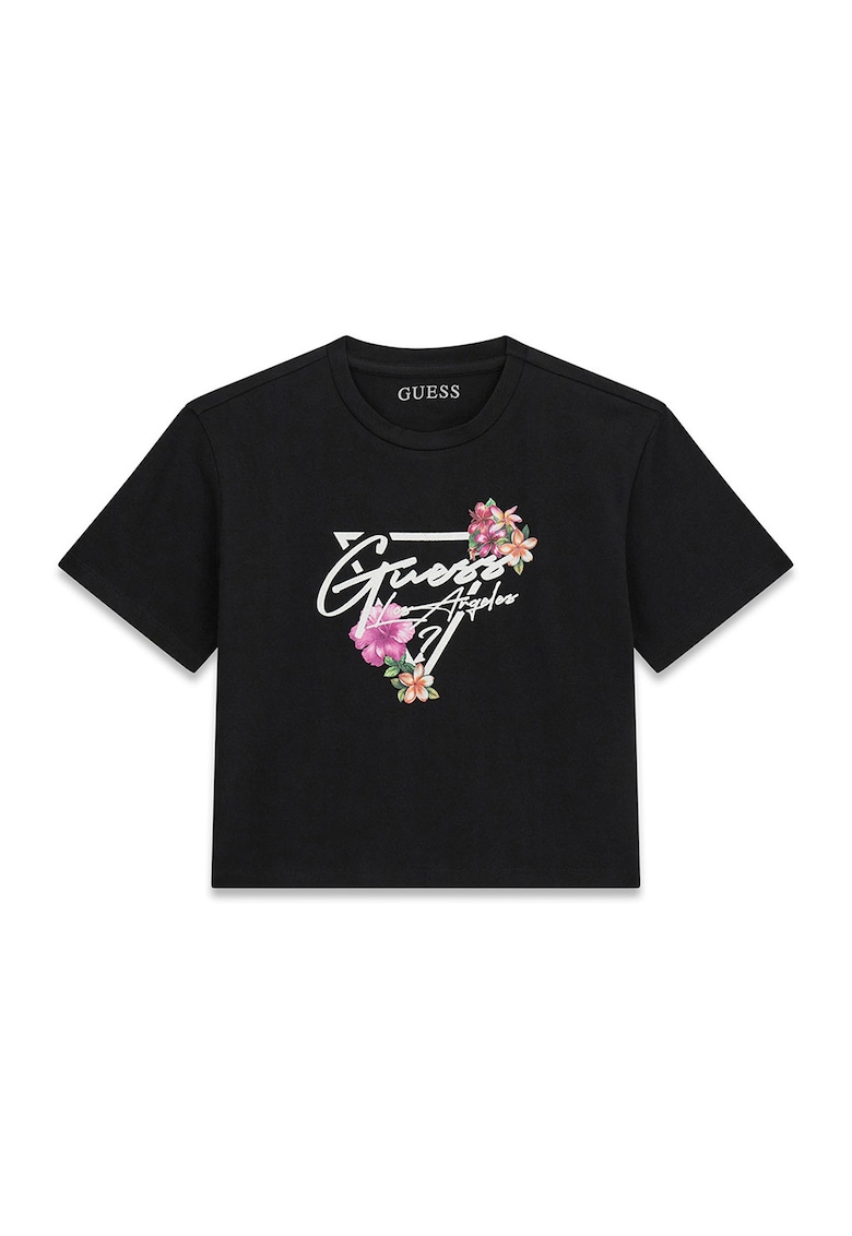 Tricou crop cu imprimeu logo - Negru/Roz