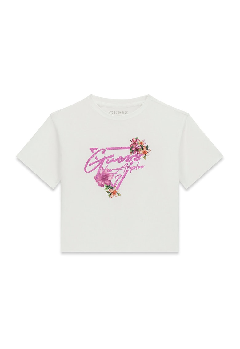 Tricou crop cu imprimeu logo - Alb/Roz prafuit