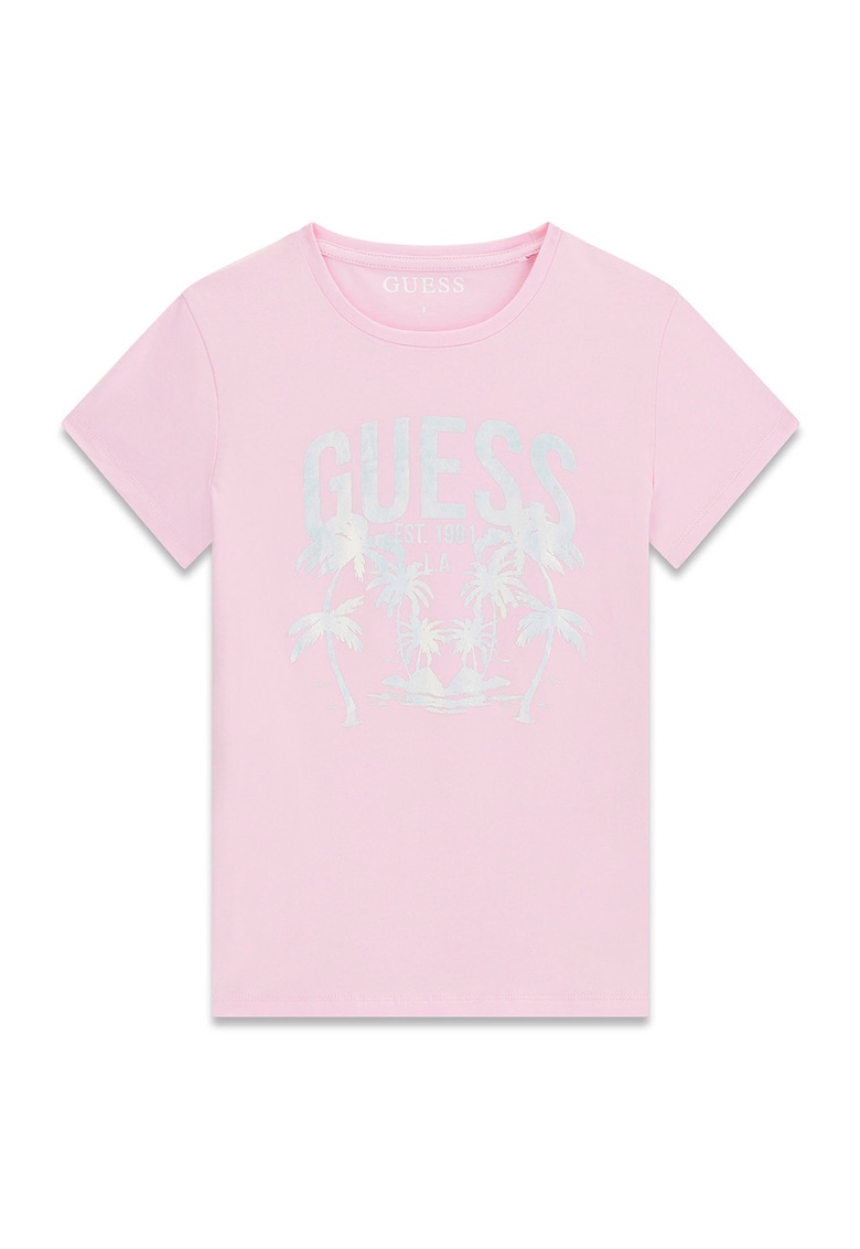 Tricou cu decolteu la baza gatului si imprimeu logo - Alb/Roz deschis