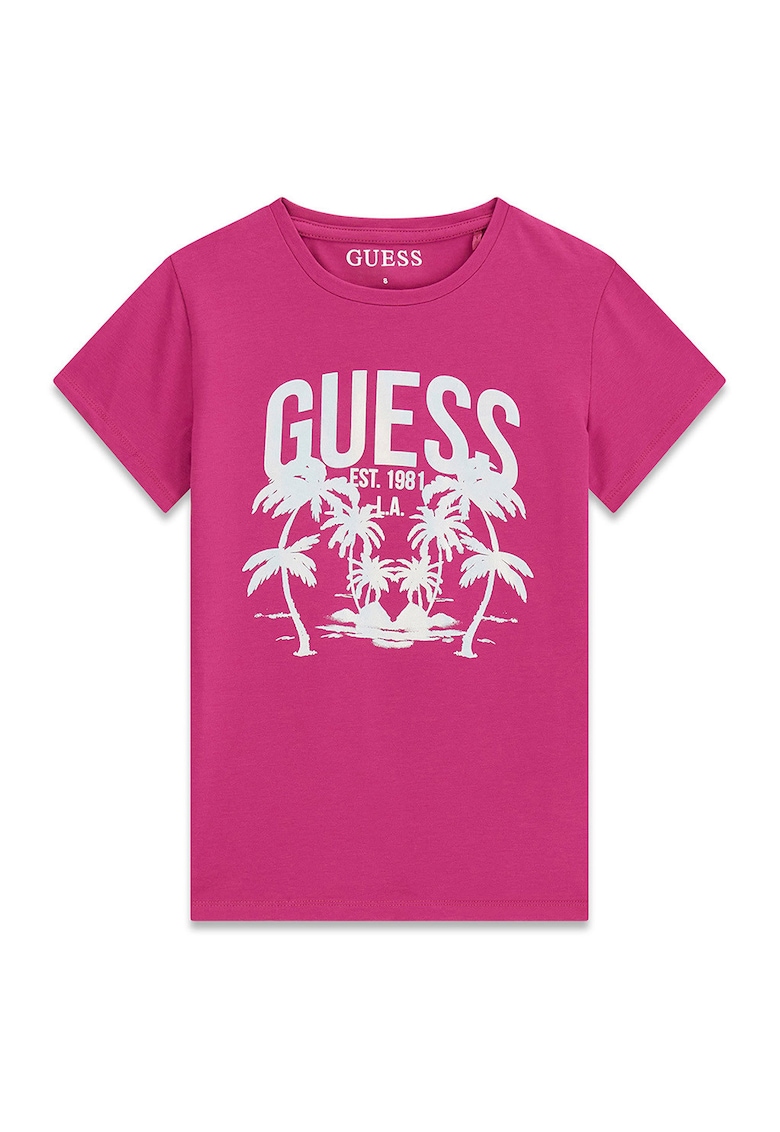 Tricou cu decolteu la baza gatului si imprimeu logo - Alb/Roz inchis