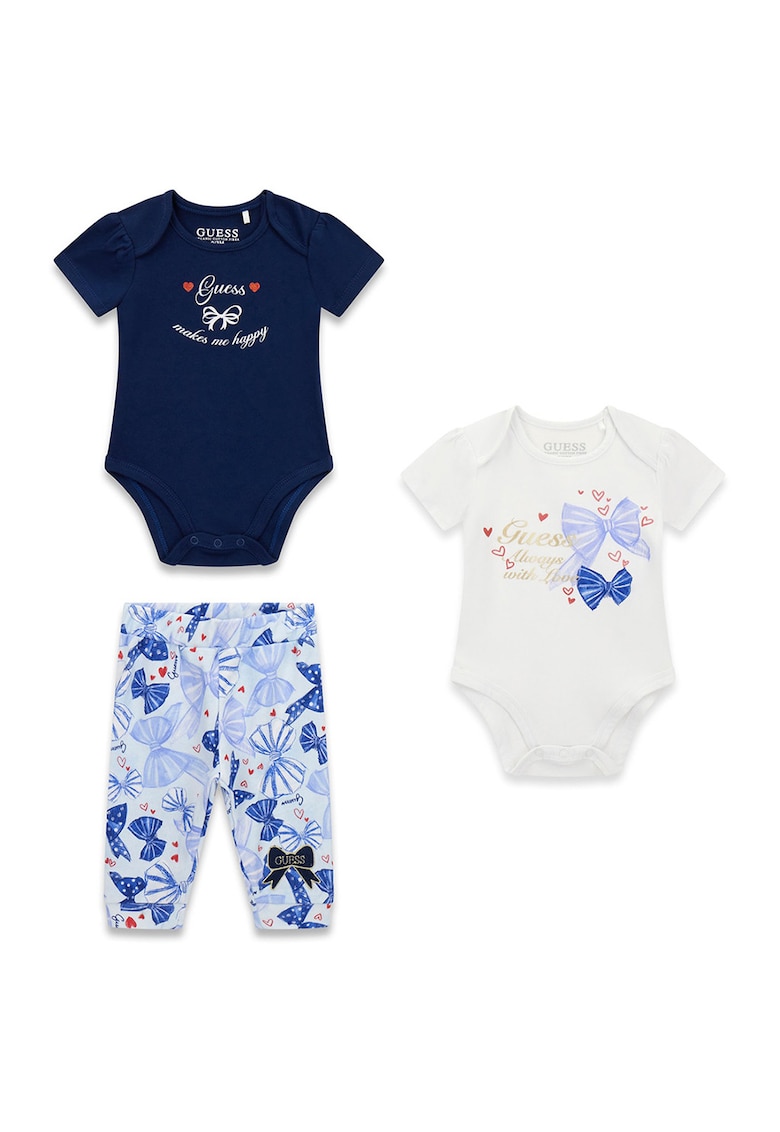 Set de body-uri cu imprimeu si pantaloni - 3 piese - Alb murdar/Albastru