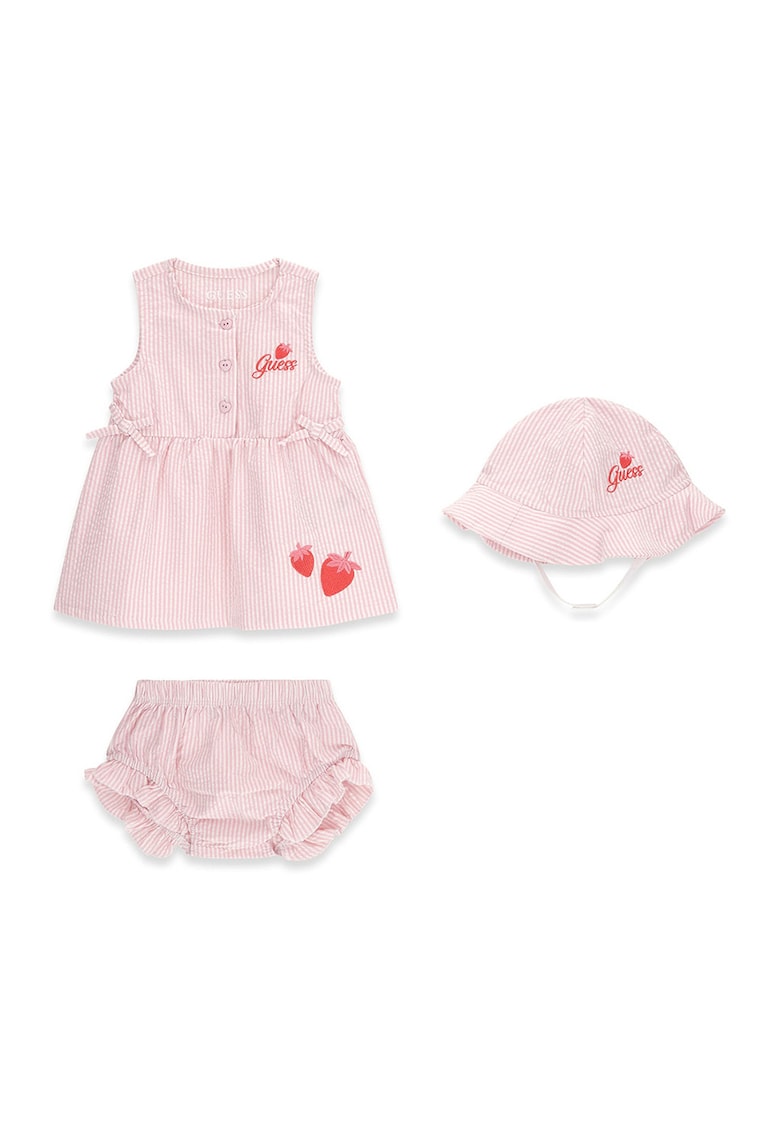 Set de rochie cu dungi - chiloti si caciula - 3 piese - Alb/Roz pastel