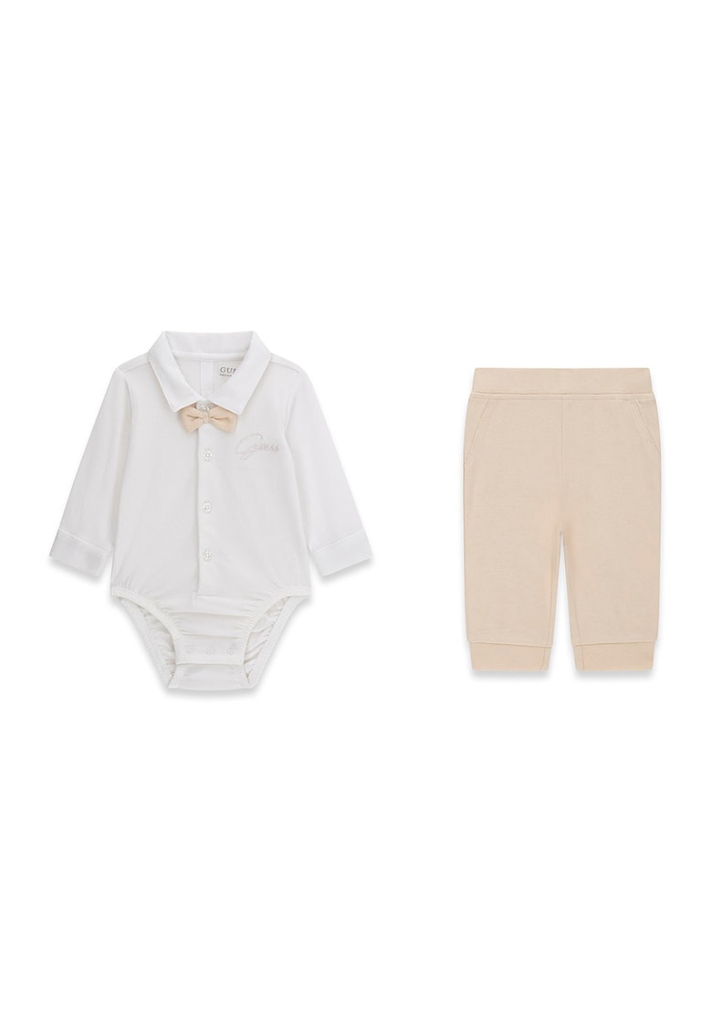 Set de body din amestec de bumbac si pantaloni de trening - 2 piese - Maro nisip/Alb murdar