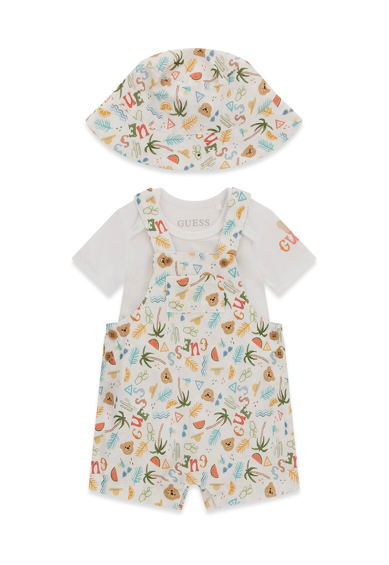 Set de salopeta scurta cu imprimeu - body si caciula -3 piese - Maro deschis/Alb murdar