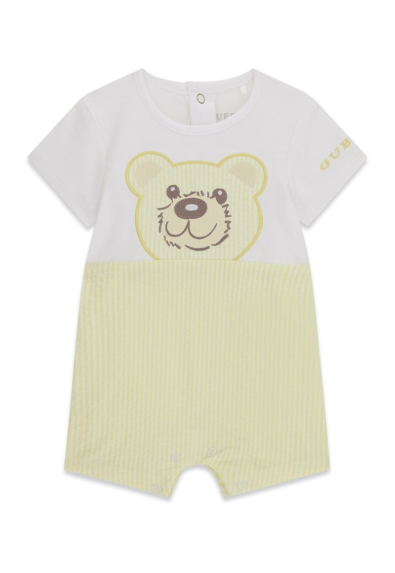 Salopeta din amestec de bumbac - cu model si model urs - Alb/Galben pal