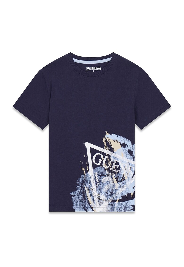 Tricou cu decolteu rotund si imprimeu logo - Alb murdar/Bleumarin