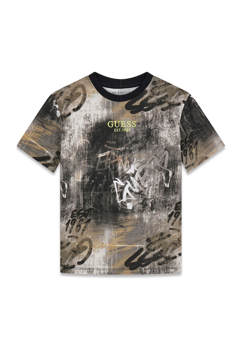 Tricou cu logo si model graffitti - Negru/Maro taupe