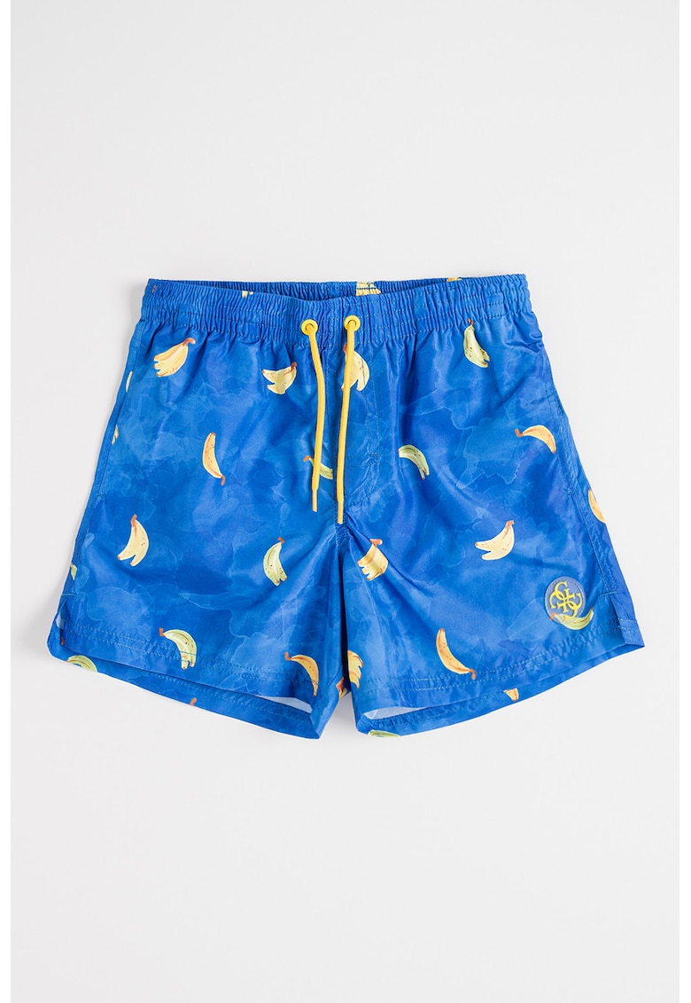 Pantaloni scurti de baie cu snur si model - Galben sofran/Albastru royal