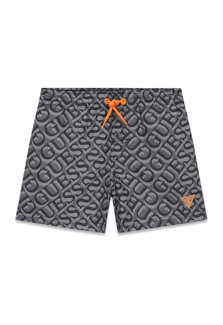 Pantaloni scurti de baie cu logo si snur - Negru/Gri inchis