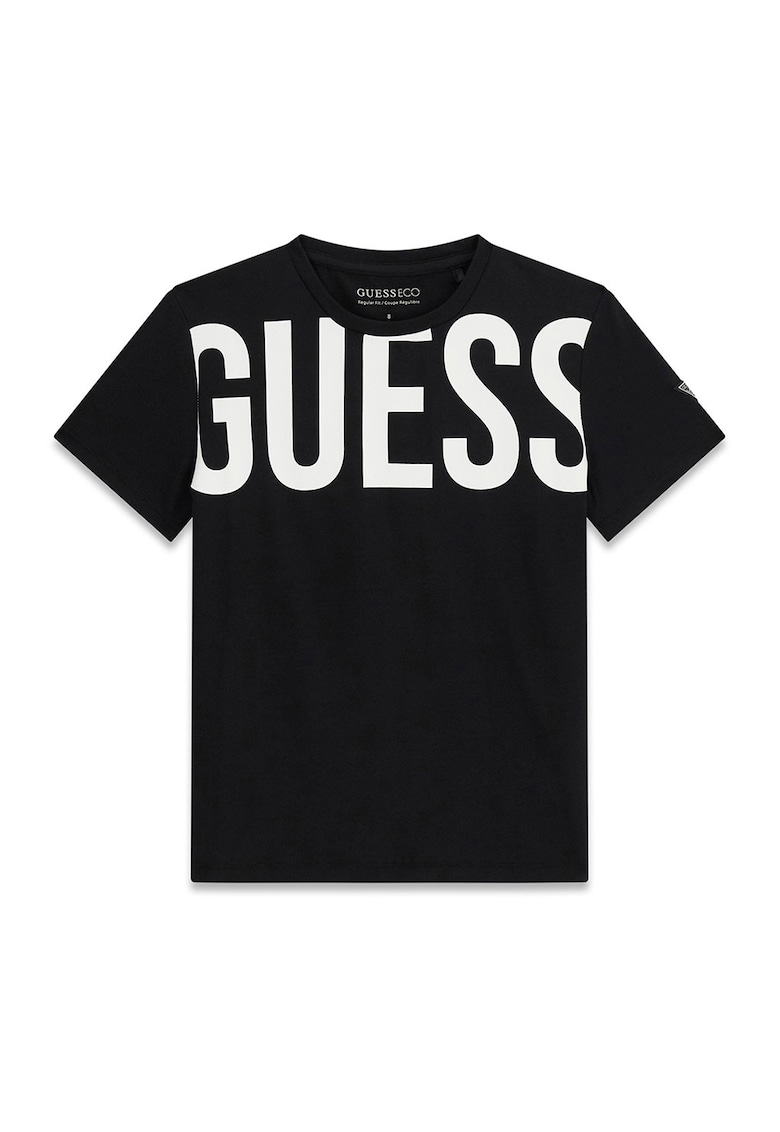 Tricou cu decolteu la baza gatului si imprimeu logo - Alb/Negru