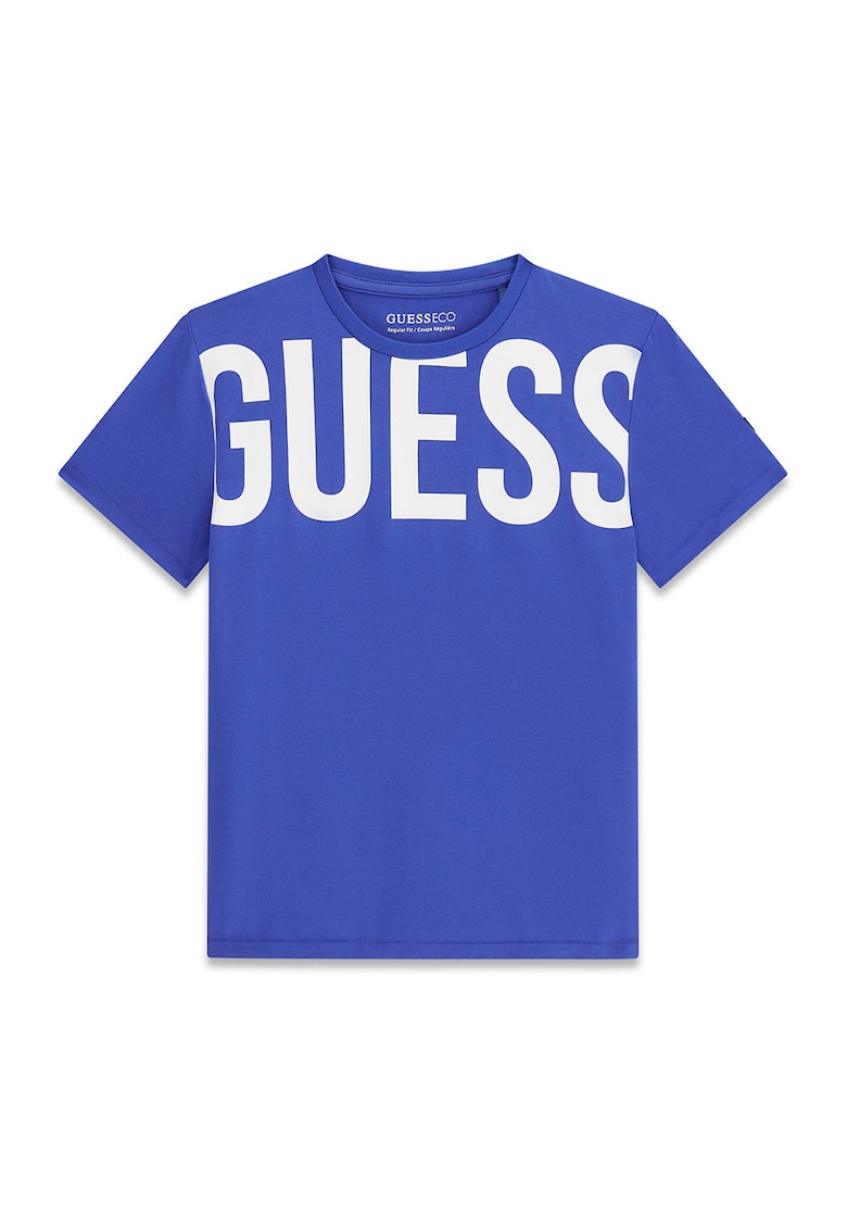 Tricou cu decolteu la baza gatului si imprimeu logo - Alb/Albastru royal