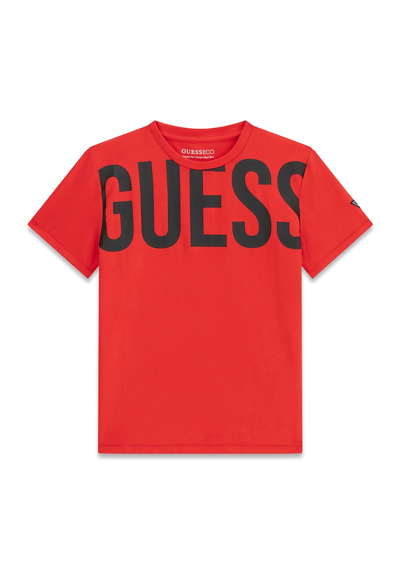 Tricou cu decolteu la baza gatului si imprimeu logo - Negru/Rosu vermillion