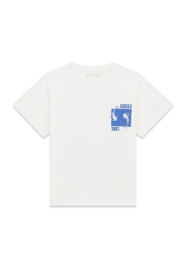 Tricou cu decolteu la baza gatului si imprimeu grafic - Alb/Albastru deschis