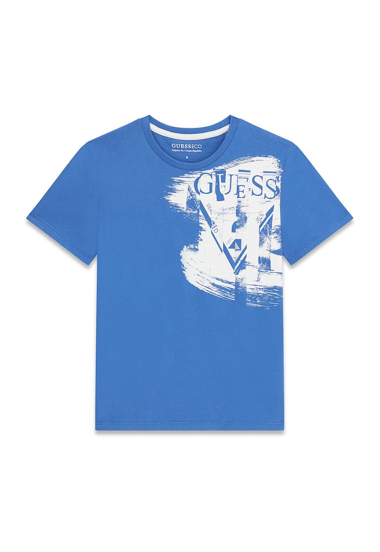 Tricou cu decolteu la baza gatului si imprimeu logo - Albastru deschis