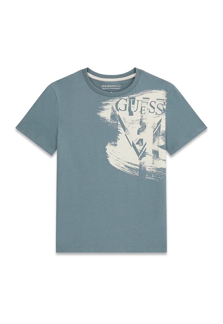 Tricou cu decolteu la baza gatului si imprimeu logo - Verde pal/Bej inchis