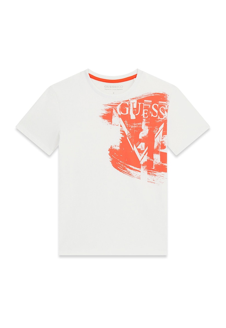 Tricou cu decolteu la baza gatului si imprimeu logo - Alb fildes/Portocaliu mandarina