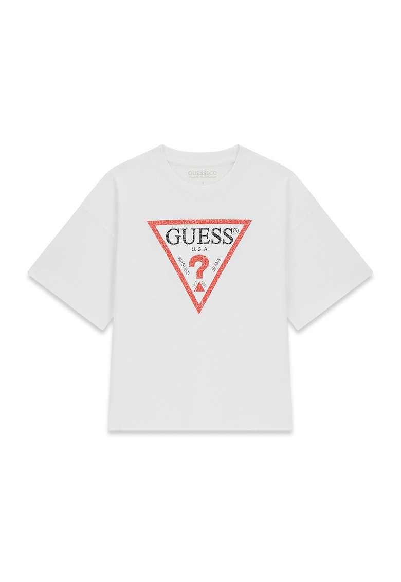 Tricou cu decolteu la baza gatului si imprimeu logo - Alb