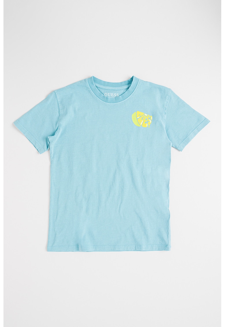 Tricou din bumbac cu aspect decolorat si imprimeu logo - Albastru aquamarin