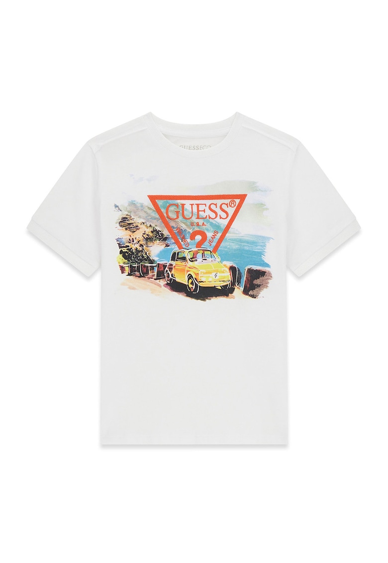 Tricou cu decolteu la baza gatului si imprimeu logo - Alb