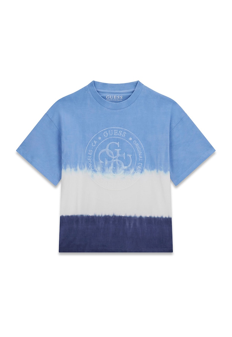 Tricou din bumbac cu decolteu la baza gatului si logo - Albastru pastel/Alb murdar