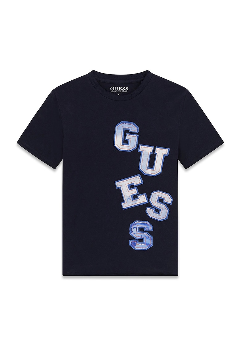 Tricou cu decolteu la baza gatului si imprimeu logo - Albastru ultramarin