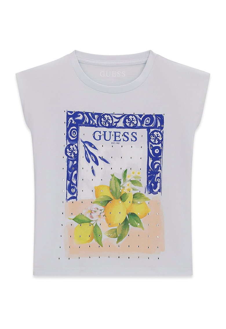 Tricou cu imprimeu si aplicatii de strasuri - fara maneci - Alb/Galben/Albastru