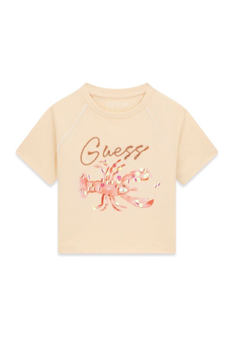 Tricou cu logo brodat - imprimeu si aplicatii de paiete - Bej/Roz