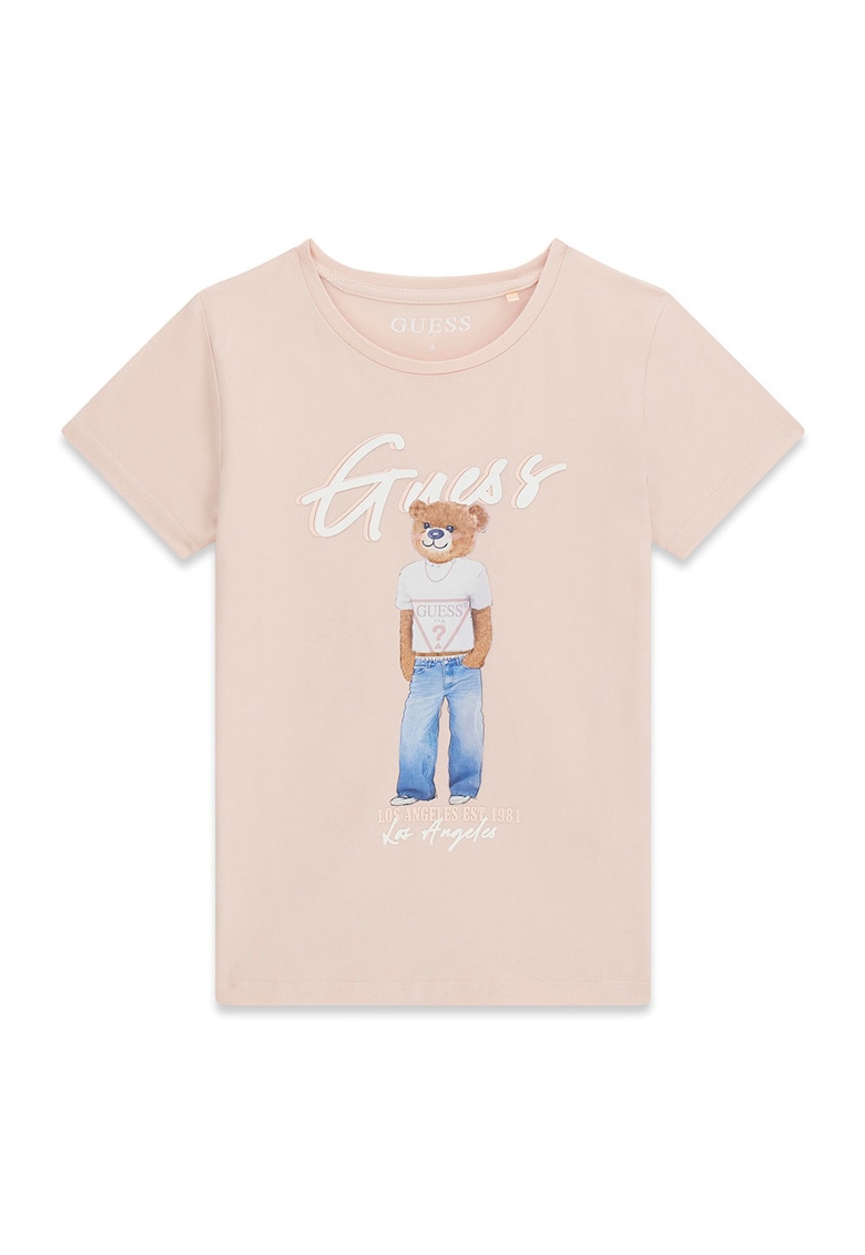 Tricou cu logo si imprimeu cu ursulet - Alb/Bej