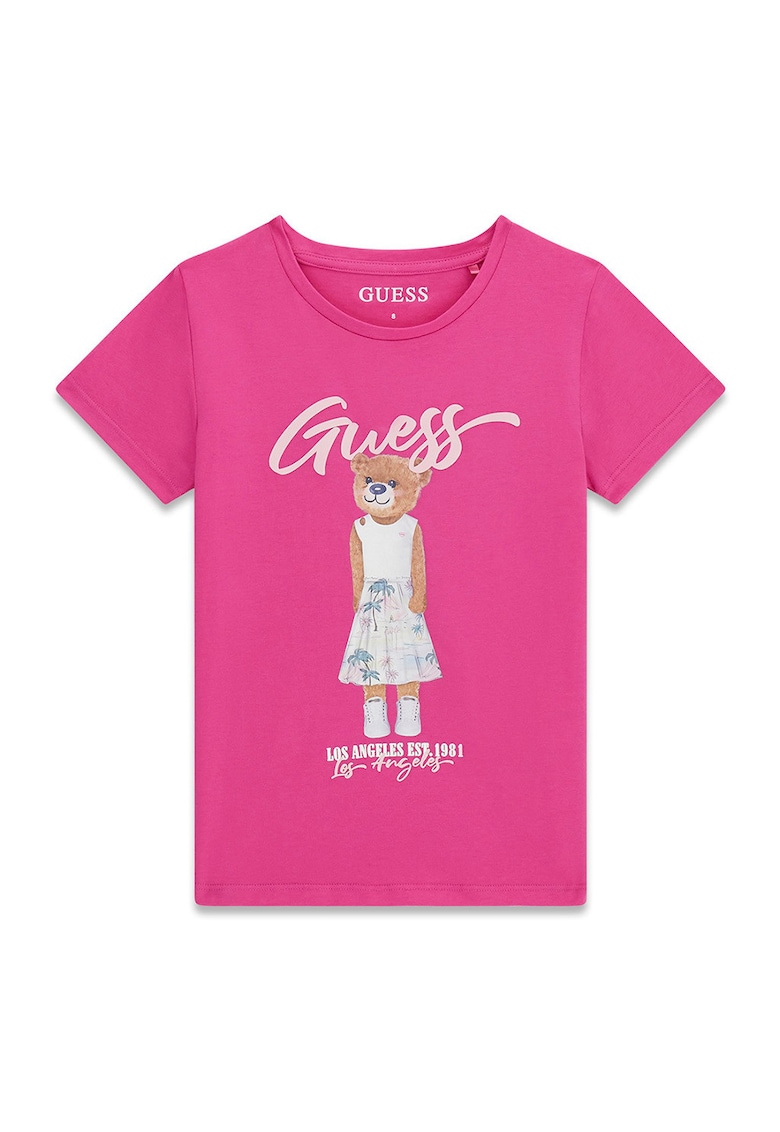 Tricou cu logo si imprimeu cu ursulet - Alb/Fucsia