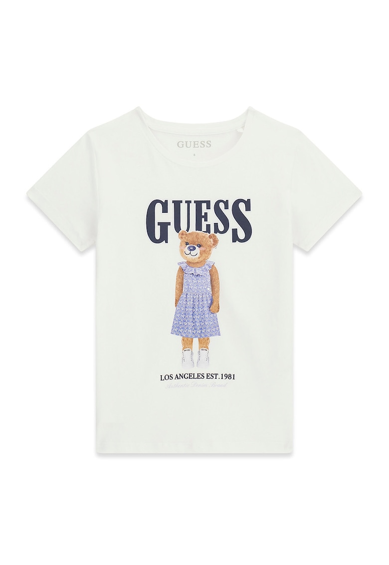 Tricou cu logo si imprimeu cu ursulet - Alb/Maro/Bleumarin