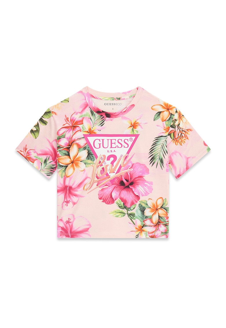 Tricou cu model floral si imprimeu logo - Verde/Roz