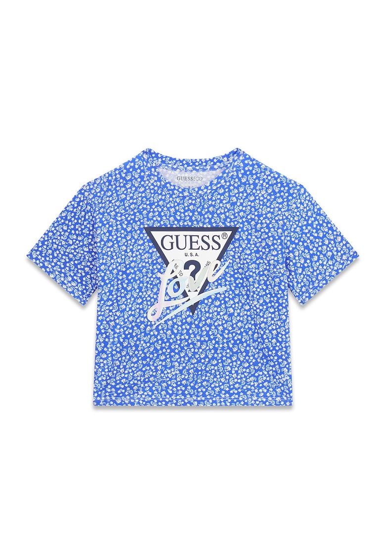 Tricou cu model floral si imprimeu logo - Alb/Albastru inchis