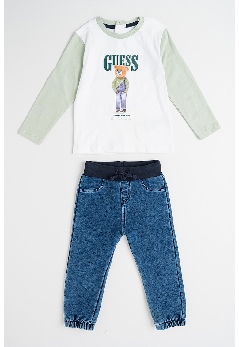 Set de blugi si bluza de bumbac - 2 piese - Alb/Verde/Albastru