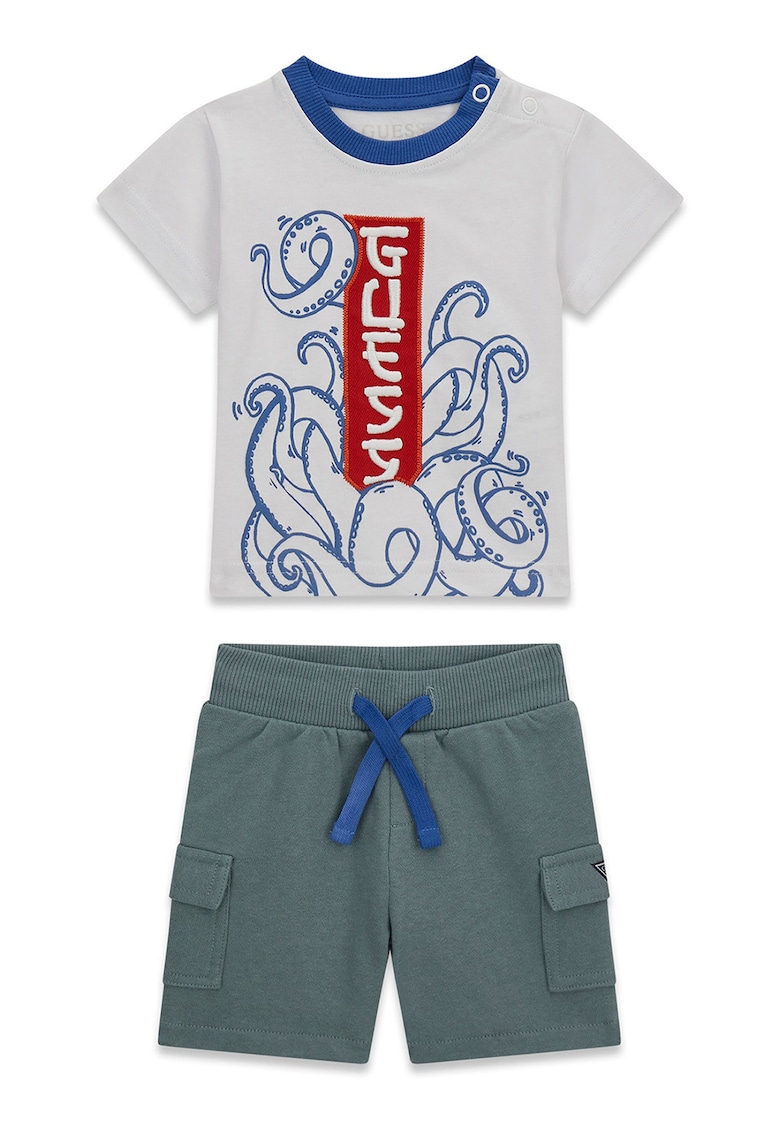 Set de pantaloni scurti si tricou din bumbac cu logo brodat - Alb/Albastru inchis/Albastru petrol