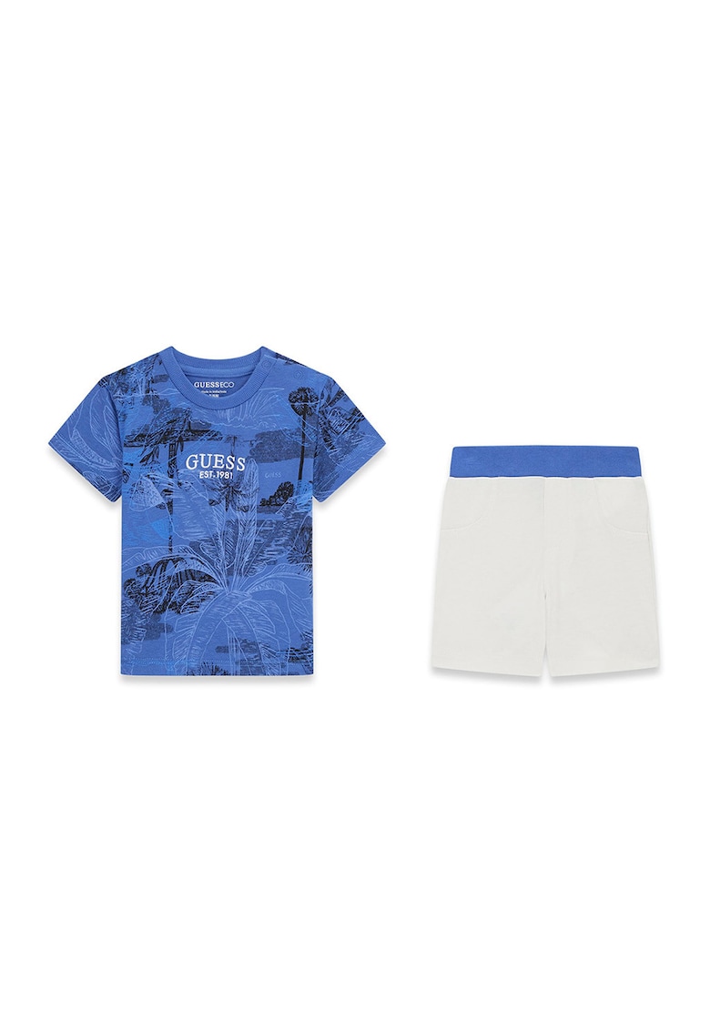 Set de pantaloni scurti si tricou cu model si logo brodat - Alb/Albastru inchis