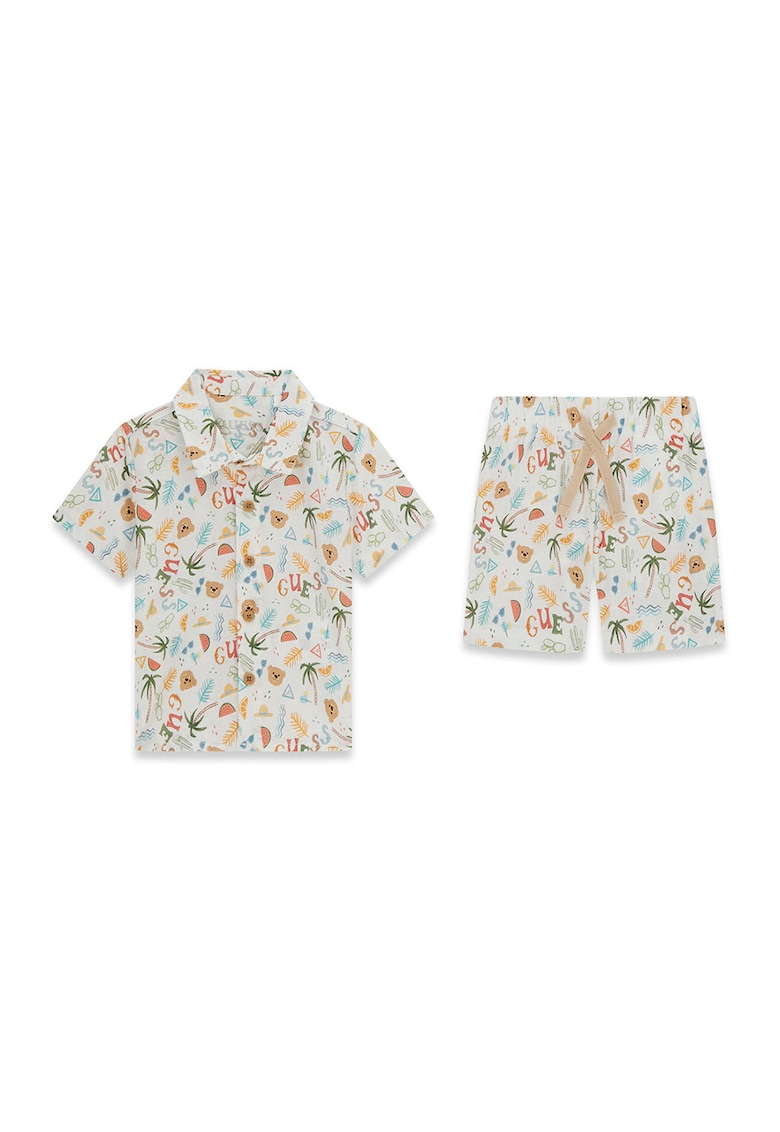 Set de pantaloni scurti si camasa din ameastec de in cu maneci scurte si model tropical - Multicolor