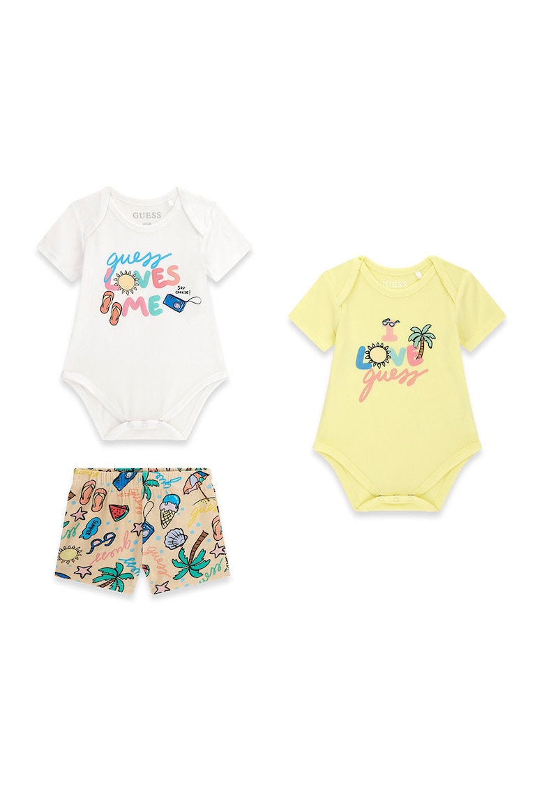 Set de body-uri cu maneci scurti si pantaloni scurti - 3 piese - Alb/Galben/Bej