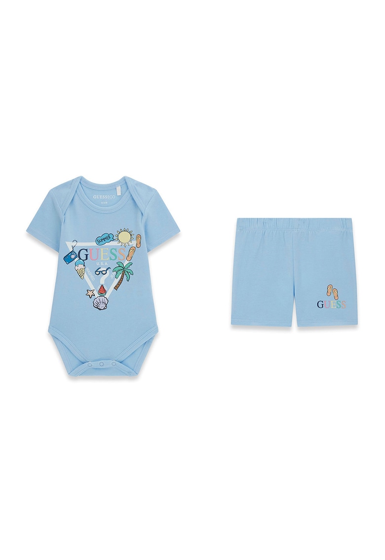 Set de body cu maneci scurte si pantaloni scurti - Alb/Albastru azur