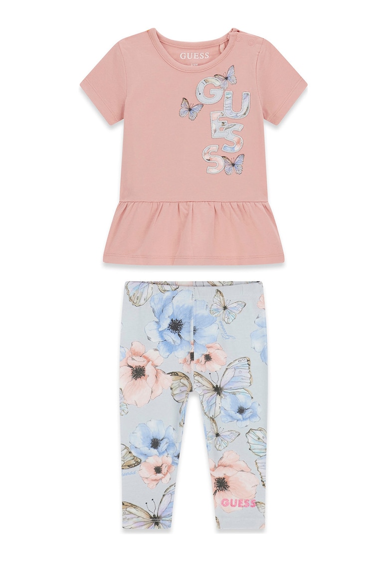 Set de colanti si tricou cu fluture - Albastru pastel/Roz prafuit