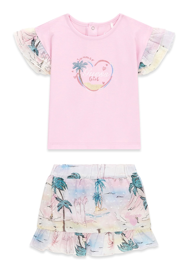 Set de tricou si fusta - Alb/Roz/Albastru