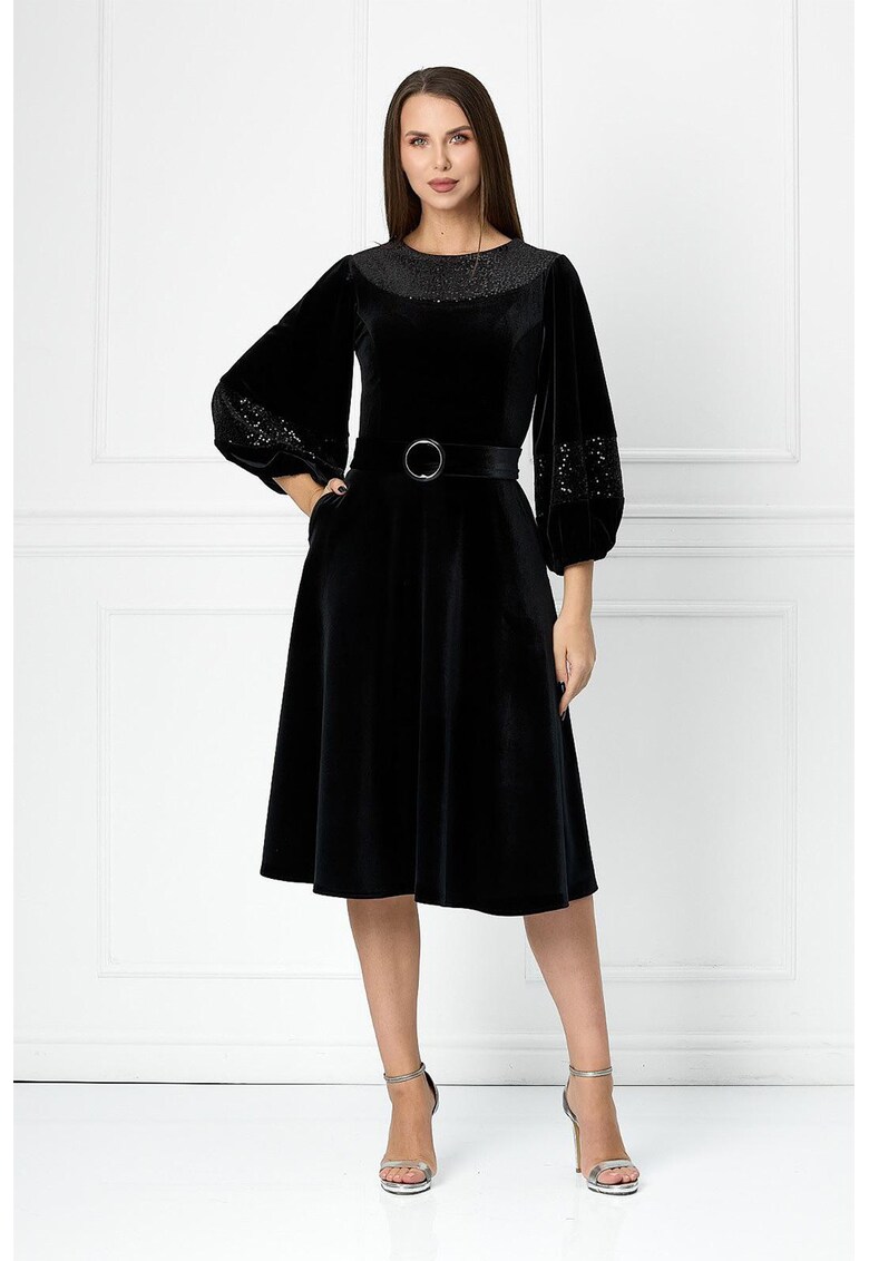 Rochie midi cu aspect de catifea si insertii stralucitoare Feodora - Negru