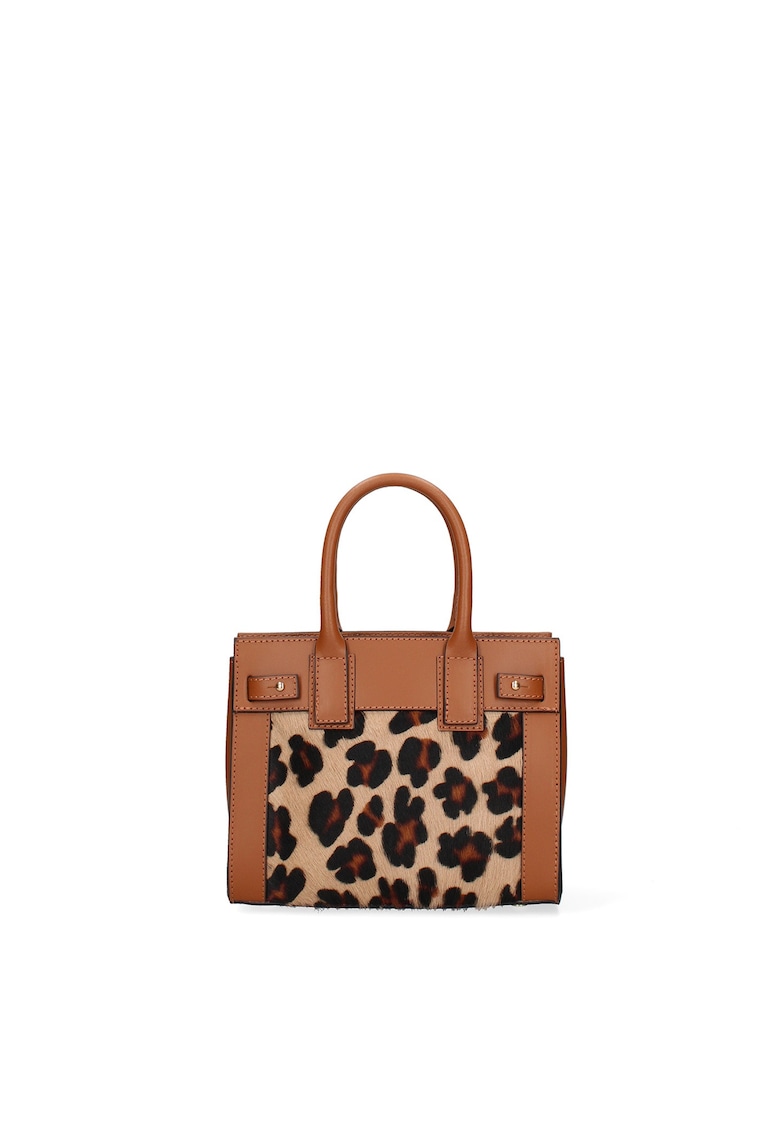 Geanta de piele cu maner si segment de piele intoarsa Oriana Plus - Maro cognac/Negru