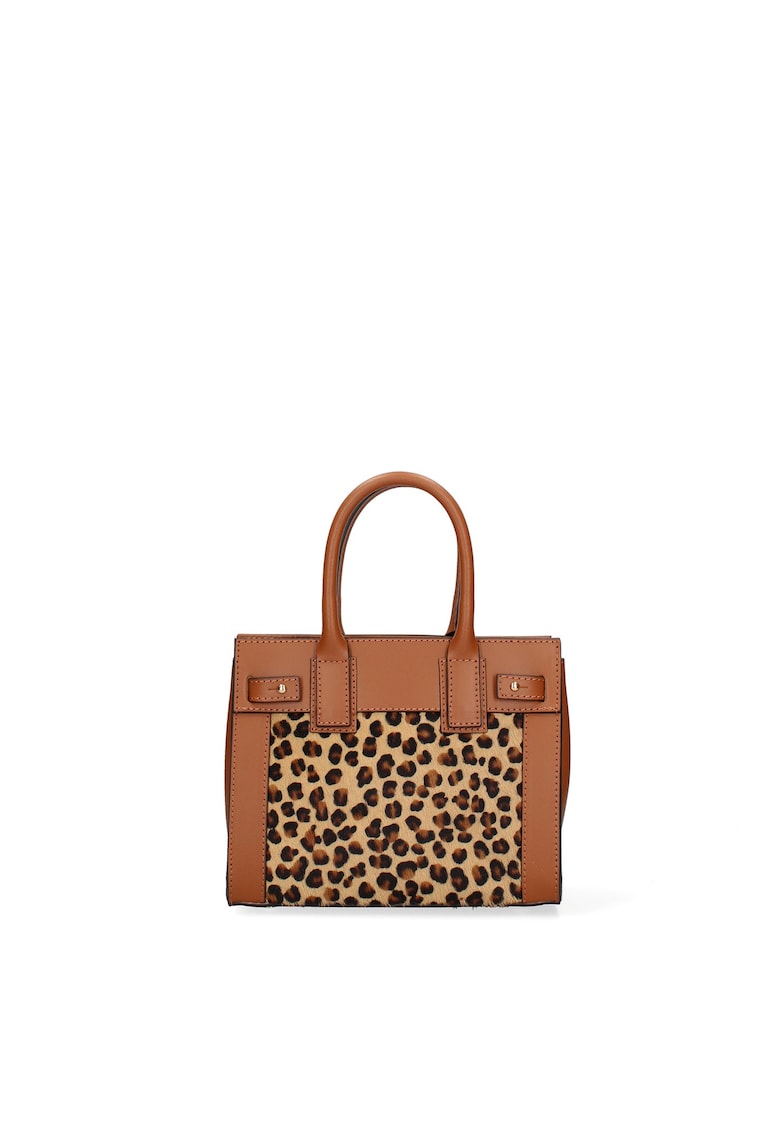 Geanta de piele cu maner si segment de piele intoarsa Oriana Plus - Maro cognac/Multicolor