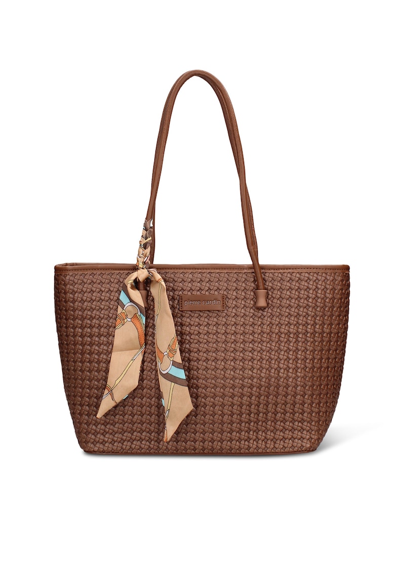 Geanta shopper de piele ecologica cu accesoriu esarfa Emberly Pro - Maro cognac