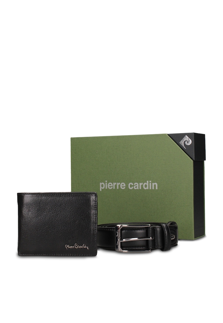 Set de portofel din piele si curea Silvano - Negru