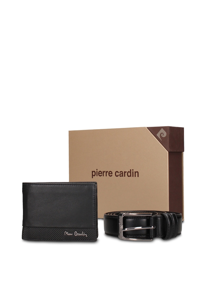 Set de portofel din piele si curea Valerian - Negru