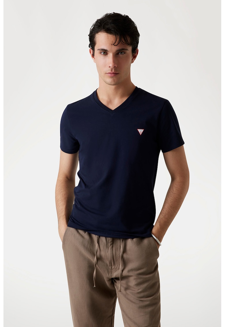 Tricou slim fit cu decolteu in V - Bleumarin