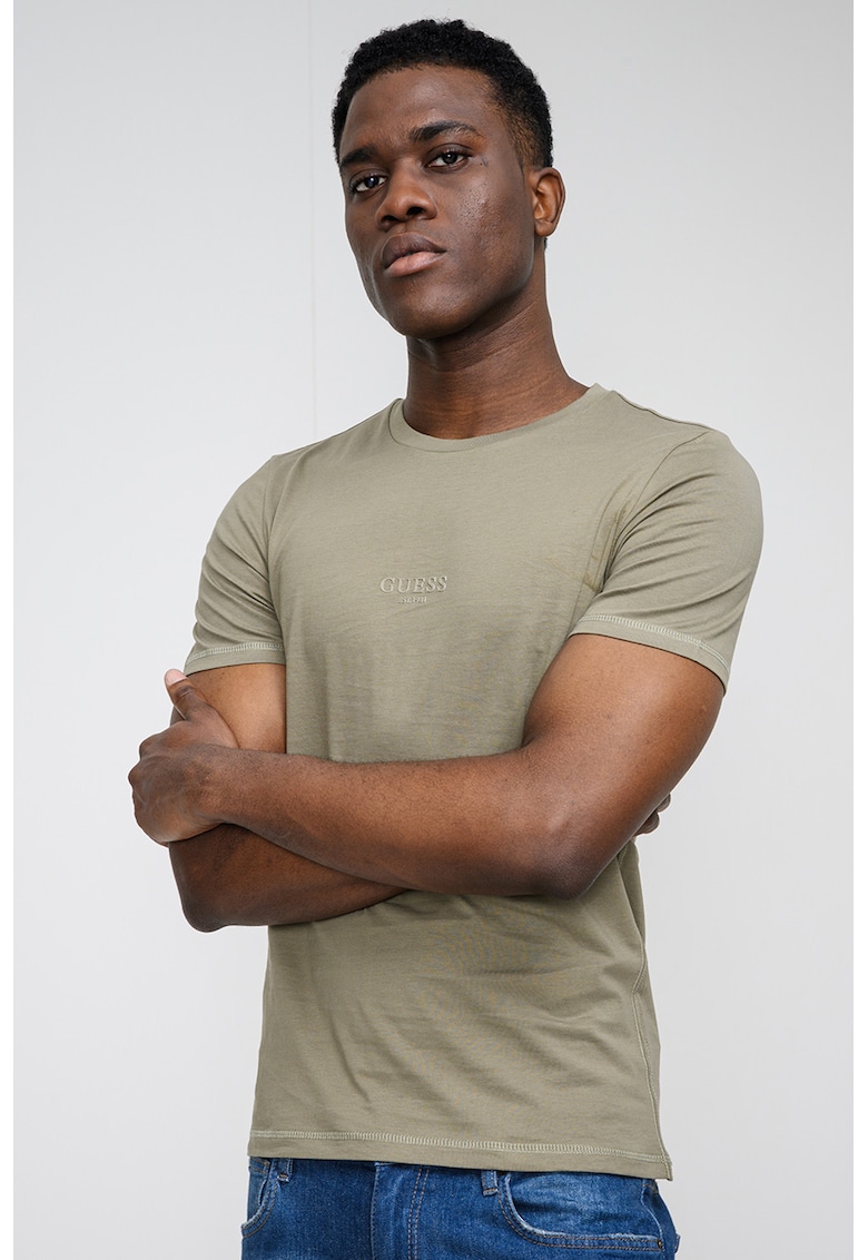 Tricou din bumbac cu decolteu la baza gatului - Verde/Kaki